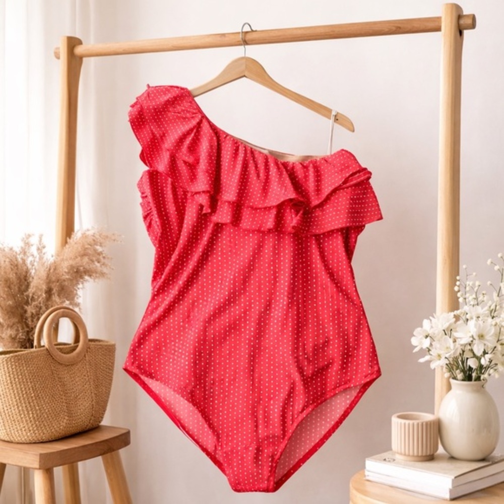 SWIM by Cacique Coral One Shoulder Ruffle One Piece Swimsuit No Wire Polka Dot - Picture 2 of 6